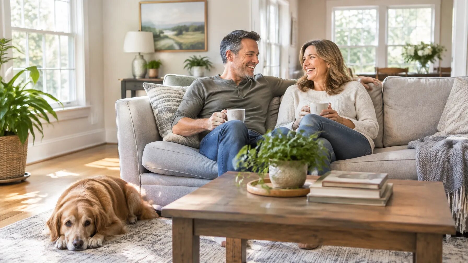 Couple laughing over coffee with their dog in a bright restored living room
