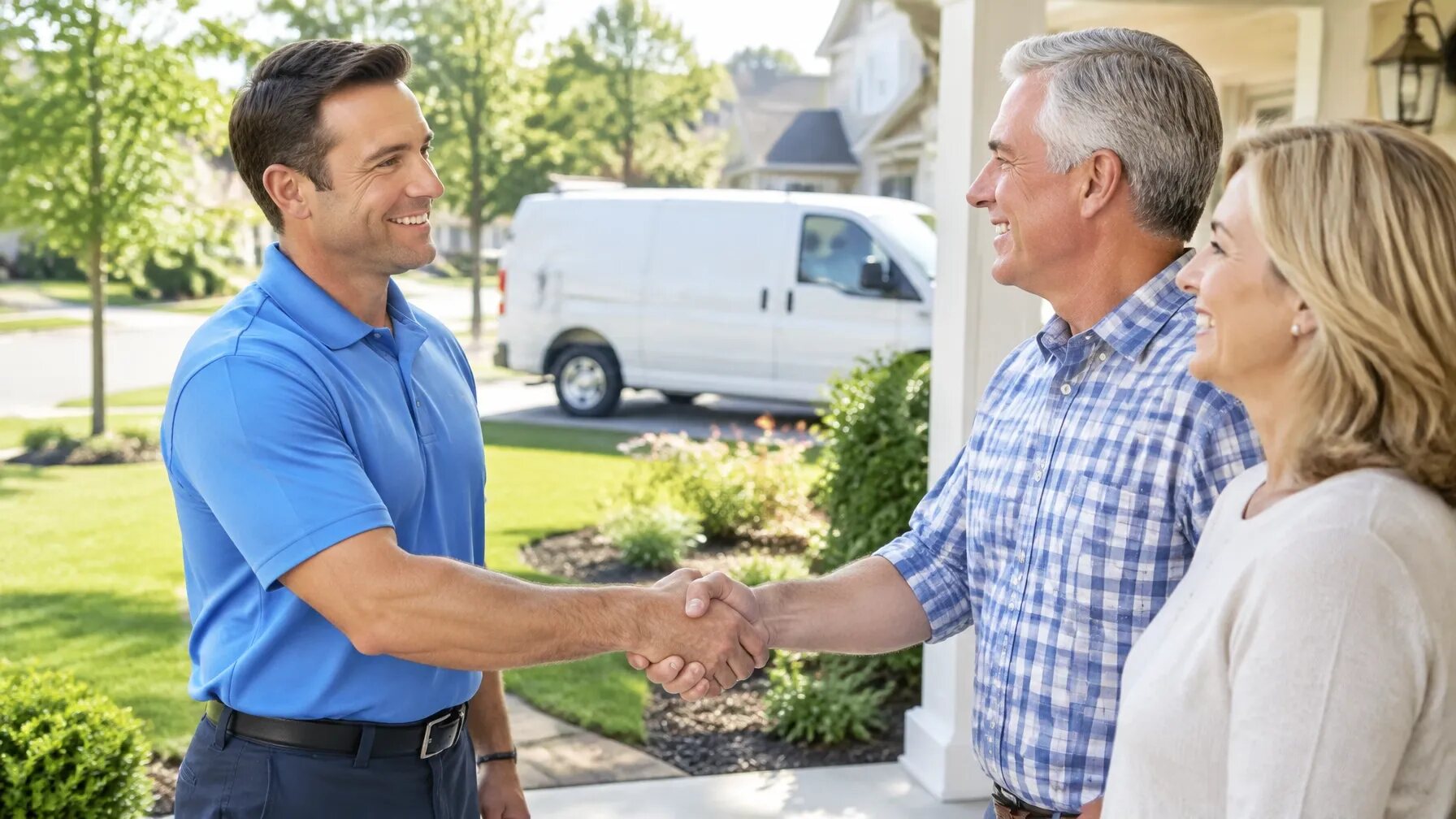 Technician greeting a homeowner couple on a sunny suburban porch